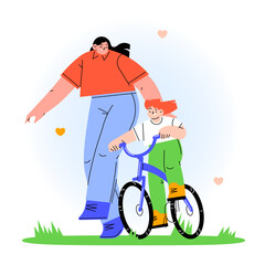 Happy family flat illustration, a mother teaching a child to ride a bike