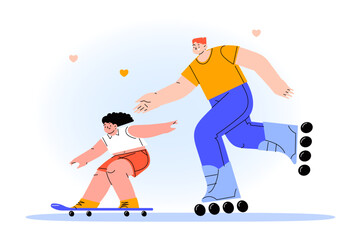 Happy family flat illustration, father and daughter skating