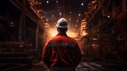 Obraz premium Back view of worker in safety gear at an industrial manufacturing facility.