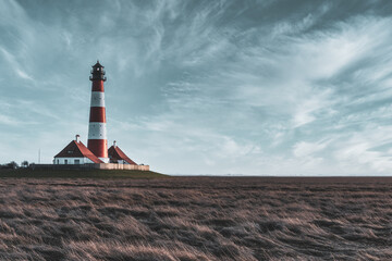 Westerheversand lighthouse on the North Sea a landmark of the Eiderstedt peninsula in Germany.