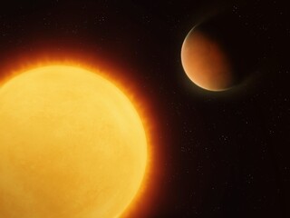 Sun-like star with a planet. Exoplanet orbiting a star. Super-Earth close to the sun. Sci-fi background.