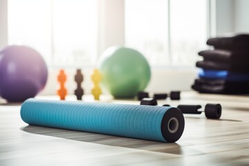 Blue yoga mat rolled up in a bright gym with various exercise gear.
