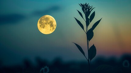 Fototapeta premium A plants silhouette growing taller as the moon casts its soft light symbolizing hope and renewal