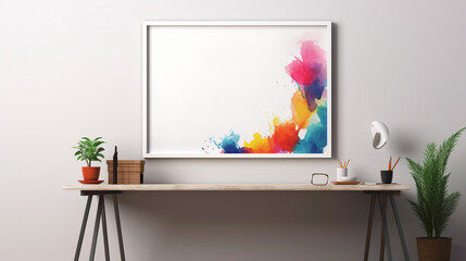A minimalistic office setup with a blank white empty frame, showcasing a colorful, hand-painted illustration.