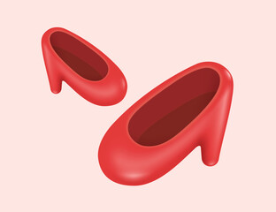 One pair of left and right girls' red shiny high heels. Cute minimalist style. all object on pastel pink background for advertising design, vector 3d isolated, vector illustration
