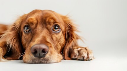 The studio portrait of bored puppy dog lying isolated on white background with copy space for text. --ar 16:9 --v 6 Job ID: 8a43eb25-fd21-42c8-8697-f09ecfe7b2d3