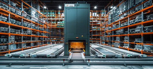 High-density storage with automated retrieval system in a modern warehouse.