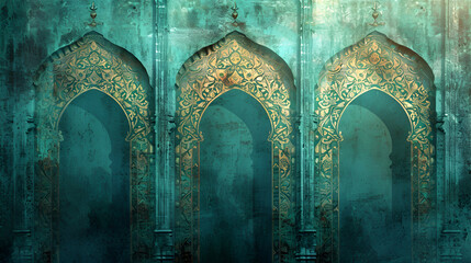 The background is decorated with arches and patterns in Arabic style - obrazy, fototapety, plakaty