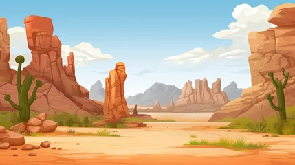 Foto op Plexiglas Cartoon desert landscape with rocks. Sand, mountains and hot summer scene with copy space © Taras