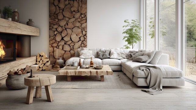 A Nordic-inspired living room featuring a mix of organic materials, from wooden floors to stone accents, creating a harmonious space