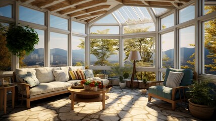 Fototapeta premium Sunroom Interior with Panoramic Views