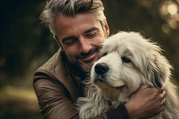 Generative AI image of happy smiling person male interacting with animal