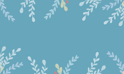 Fototapeta na wymiar Rectangular Blue child background with white leaves and plants. Background for greeting card or advertisement.
