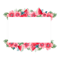  Rectangular frame with red watermelon slices and pink flowers in watercolor style. Summer juicy fruit and berry background for photo or advertisement.