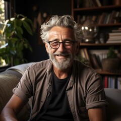 Photo of happy senior man with grey hair reading book Generative AI
