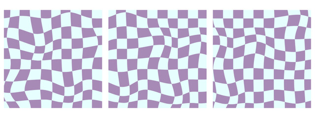 Set of Square Funky Groovy Checkered Patterns, Vintage Aesthetic Backgrounds, Psychedelic Checkerboard Textures. Blue and Violet colors