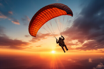 Excited positive happy parachutist in free fall over blue sky. ai generative picture collage