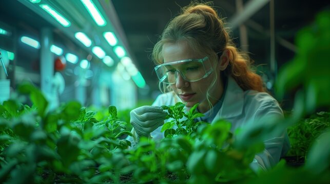 Young female scientist with the power to inoculate and study green vegetables and other plants. Under trial