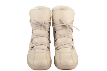 Women's winter high boots with leather upper and fur inside.
