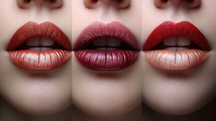 Woman with different colors of lips, closeup. Beauty and makeup collage