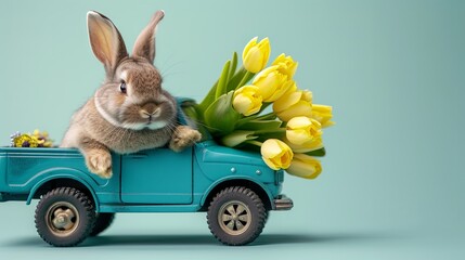 fluffy bunny in on a blue truck is carrying bouquet of yellow tulips, blue background, Easter greeting card