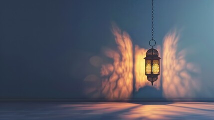minimalist Islamic template design, clean Ramadan Kareem background, with a hanging lantern, and copy space