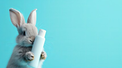 cute gray bunny holding a white cosmetic bottle , blue background with place for text
