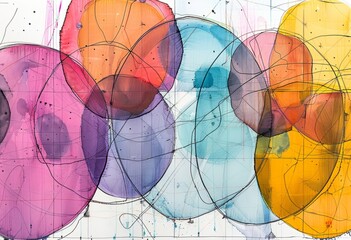 Fototapeta premium a watercolor of a colorful drawing of circles in the style of kinetic lines and curves Generative AI