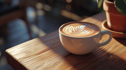 cup of hot coffee on the table in a stylish cafe with sun rays and shadows