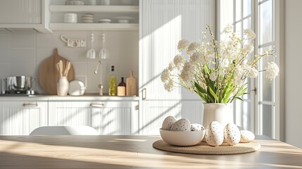 Easter table setting with flowers, Easter white eggs in the light Scandinavian-style kitchen. Beautiful minimalist design for greeting card