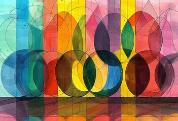a watercolor of a colorful drawing of circles in the style of kinetic lines and curves Generative AI