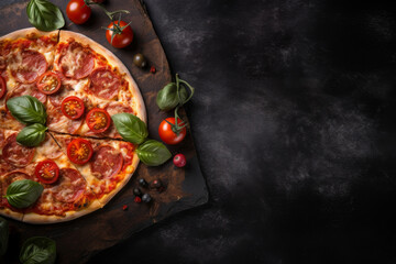 Top view of fresh pizza with copy space on dark marble table