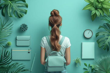 woman with a backpack, Back View of Woman with Backpack, Stationery and Plants, Minimalist Workspace Concept, copyspace