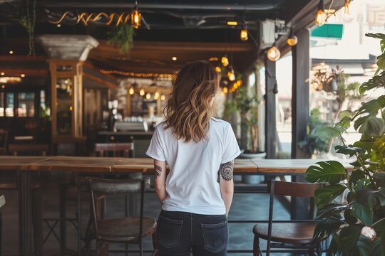Rear view of a pensive woman in a casual white t-shirt, sitting alone in a cozy urban cafe adorned with warm string lights.