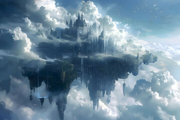 a fantasy castle floating in the clouds above it, in the style of mirrored realms, chaotic academia, captivating skylines, dark white and light blue