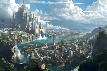 epic fantasy city built over a river, sky blue and cloudy in medieval and renaissance scene,  sunrays shine upon it - obrazy, fototapety, plakaty