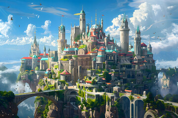  large fantasy castle atop the mountain of clouds, in the style of dynamic cityscapes, realistic and hyper-detailed renderings - obrazy, fototapety, plakaty