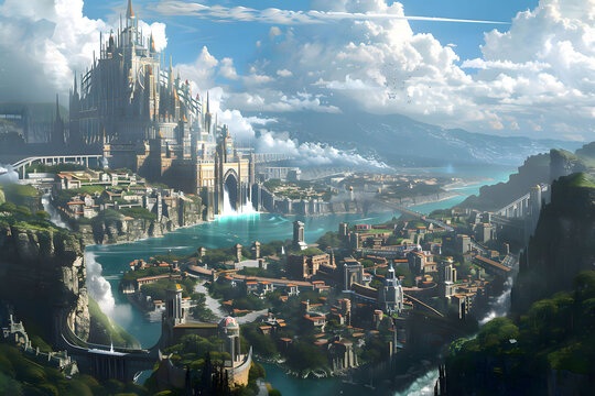 epic fantasy city built over a river, sky blue and cloudy in medieval and renaissance scene,  sunrays shine upon it