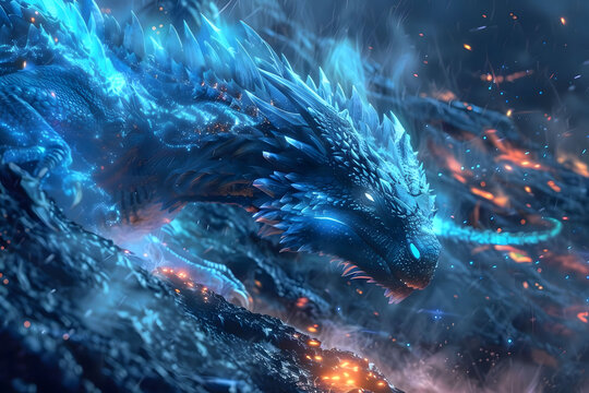 a blue dragon walking on a volcanic ground with embers, in the style of realistic hyper-detailed, fantasy