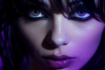 AI generated image of young girl fantasy movie personage with neon ultraviolet light on dark background