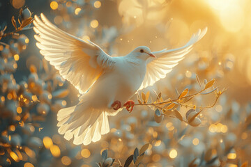 White dove carrying a branch of olive leaves, beautiful simple bright light and lens flare blurred background. - obrazy, fototapety, plakaty