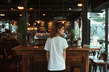 Rear view of a pensive woman in a casual white t-shirt, sitting alone in a cozy urban cafe adorned with warm string lights.