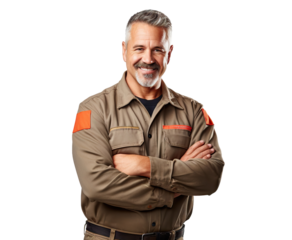 Man stands confidently wearing a professional mechanics uniform, cut out