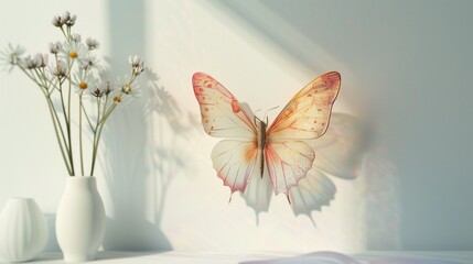 A delightful Mother's Day card featuring a whimsical butterfly design and a loving message, created with charm on a minimalist white background, portrayed in vivid