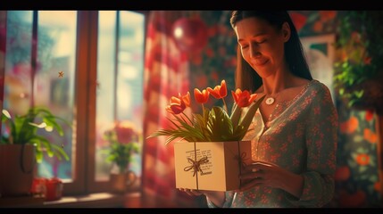 A heart-touching depiction of a mother receiving a surprise gift box filled with love, symbolized by blooming flowers and a handwritten card, captured in vibrant