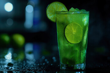a glass of lime cocktail on black background