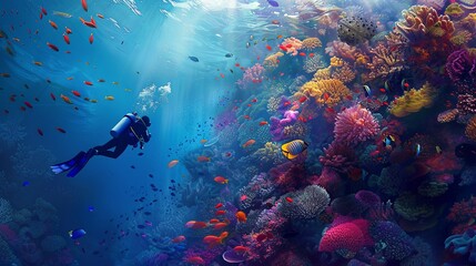 A lone scuba diver is enveloped by the sheer magnificence of a coral wonderland, with sunlight filtering through the vibrant underwater tableau of marine flora and fauna. Scuba Diver Amidst a Mesmeri
 - obrazy, fototapety, plakaty