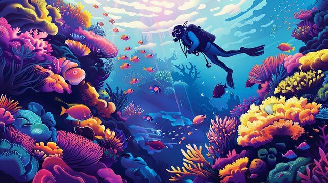 A vibrant illustration depicts a scuba diver exploring a fantastical coral reef bursting with exaggerated colors and whimsical marine life forms. Illustration of Diver in a Stylized Coral Reef

