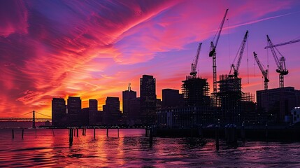 Vivid pink and orange hues of a dramatic sunset silhouette a city skyline punctuated by the outlines of construction cranes. Dramatic Sunset Skyline and Construction Cranes

