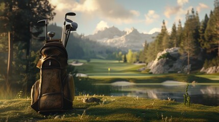 A picturesque shot of a rustic golf bag and clubs against a scenic golf course backdrop, symbolizing a Father's Day spent on the golf course, presented in realistic